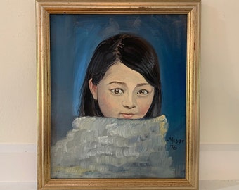 Original Portrait Painting Gold Framed Female Oil Shy Girl Young Woman Black Hair Oversized Turtleneck Sweater Deep Blue Background