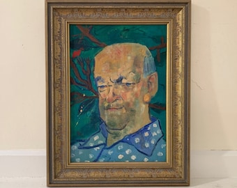 Vintage Portrait Painting, Original Expressionist Modernist Mid-Century Shabby Chic Framed Oil, Bald Man with Blue White Hair