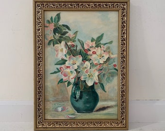 Vintage Painting Original Midcentury 1960s Floral Framed Long Narrow Still Life Pink White Apple Cherry Plum Blossom Flowers Branches Vase