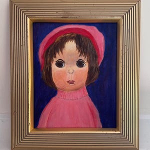 Outsider Art Portrait, Original Framed Naive Small Female Painting, Girl or Woman, Pink Beret & Turtleneck Sweater, Deep Purple Background