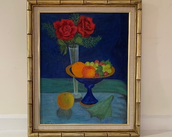 Outsider Art Painting Original Vintage 1960s Modern Expressionist Naive Folk Large Framed Oil Still Life Vase Red Roses Flowers Fruit Bowl