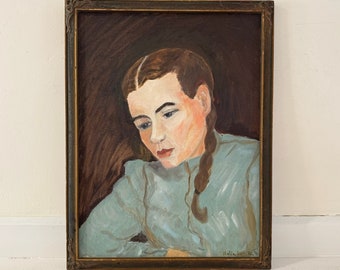 Vintage Mid-Century Painting Original Female Portrait Framed Oil on Canvas Board Girl Hair Braid Pigtails Blue Dress Coat Dark Background