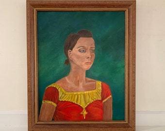 Outsider Art Painting Vintage Original Framed Large Fauvist Naive Female Portrait of Woman Red Shirt Emerald Malachite Green Background