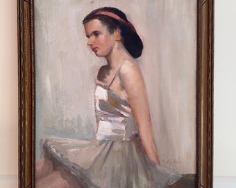 Mid-Century Oil Portrait; Female Ballerina; Vintage Original 1940s Large Framed Painting; Young Woman or Girl in a Light Pink Tutu