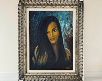 Vintage Original 1960s Painting Woman Long Black Hair Red Lips Female Portrait Extra Large Oversized Ornate Frame