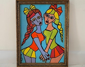 Cubist Painting Original Framed Modern Abstract Oil on Canvas Panel Female Portrait Two Women Braids Hair Bows Pleated Skirts Holding Hands