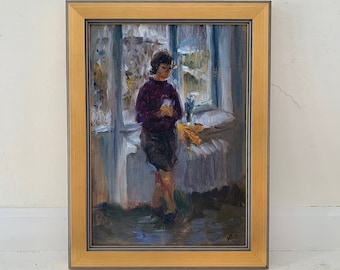 Vintage Painting Original Midcentury 1960s Gilt Framed Female Portrait Cautious Shy Timid Woman Party Windows Edge Room