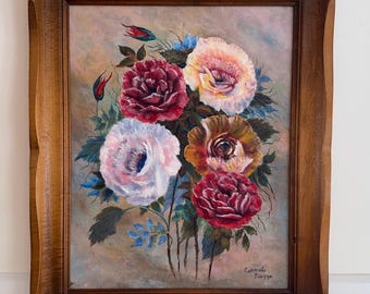 Vintage Original Floral Painting; Large Framed Oil Still Life; Bouquet of Pink Yellow & Red Flowers; Peonies or Roses