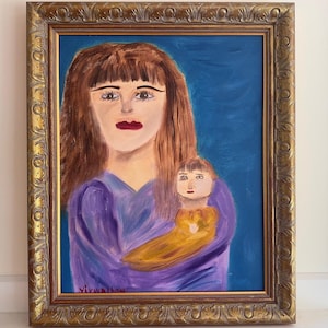 Outsider Art Portrait; Original Naive Expressionist Large Framed Painting; Woman Holding Baby in Yellow Outfit Who Looks Like a Banana