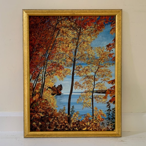 Maine Vintage Painting Original Autumn Fall Foliage Framed Oil Landscape Lake Shoreline Ocean Coastline Trees Yellow Red Orange Leaves