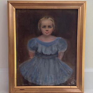 Mid-Century Oil Portrait, Vintage Shabby Chic Gilt Framed Original Female Painting, Blonde Girl in a Baby Blue Tulle Dress