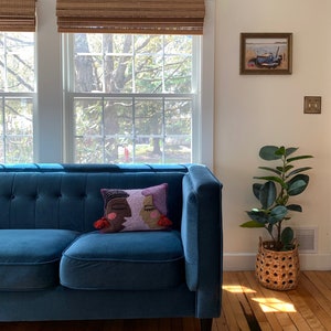 K&ouml;nnte beinhalten: Ein blaues Samtsofa mit einem Kissen, das eine farbenfrohe Illustration von zwei Gesichtern zeigt. Das Sofa steht vor einem Fenster mit Blick auf B&auml;ume und ein Haus. Rechts im Bild steht eine Topfpflanze.