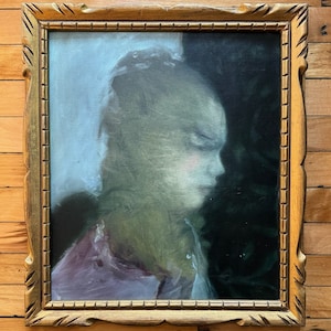 Original Expressionist Portrait, Vintage Dark Moody Gold Framed Modernist Abstract Female Painting, Girl or Woman in Side Profile