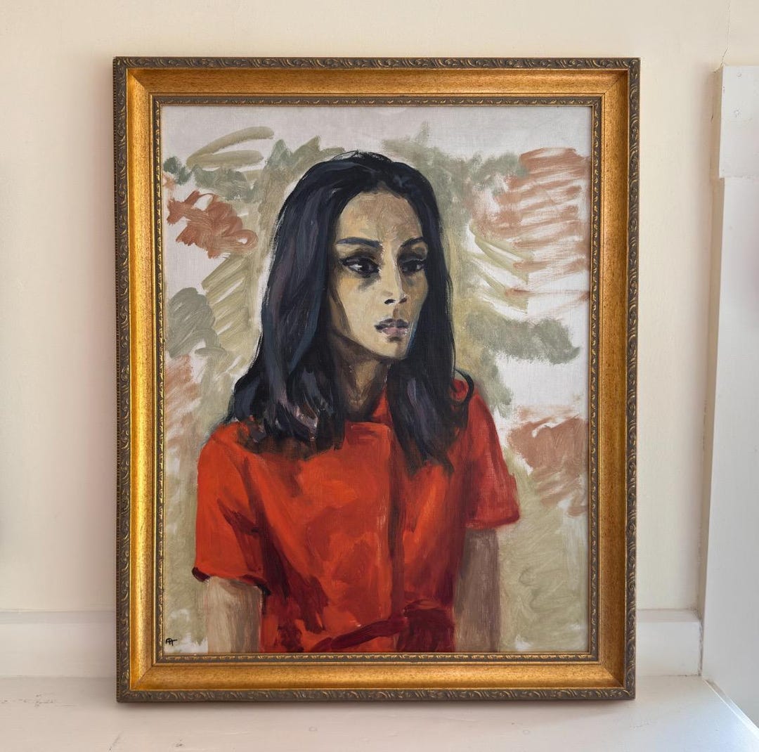 Original Female Portrait; Vintage Expressionist Large Gold Framed Oil ...