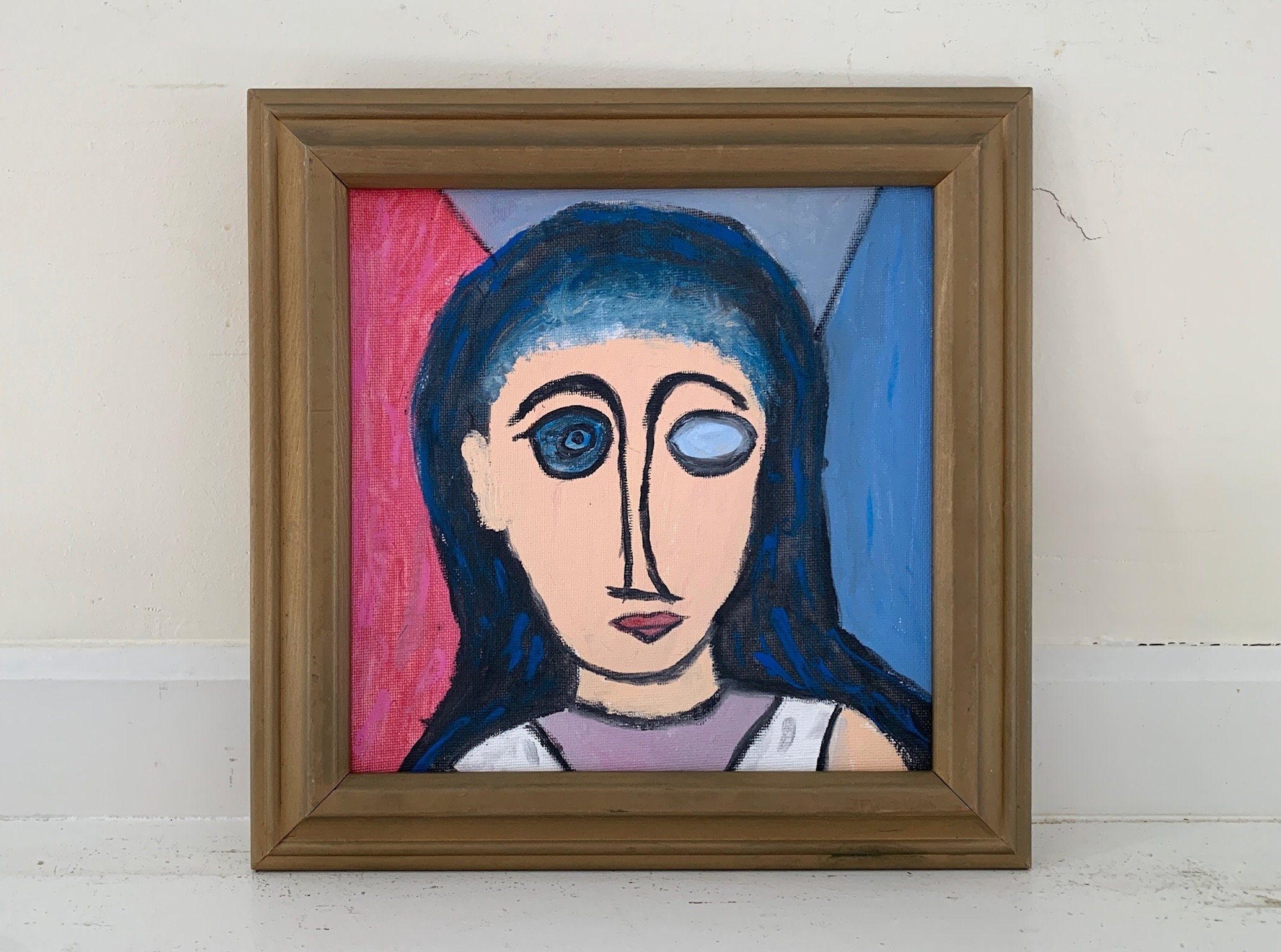 Cubist Original Painting, Framed Square Modern Abstract Minimalist Expressionist  Female Portrait, Woman with Long Dark Hair, Pink & Blue