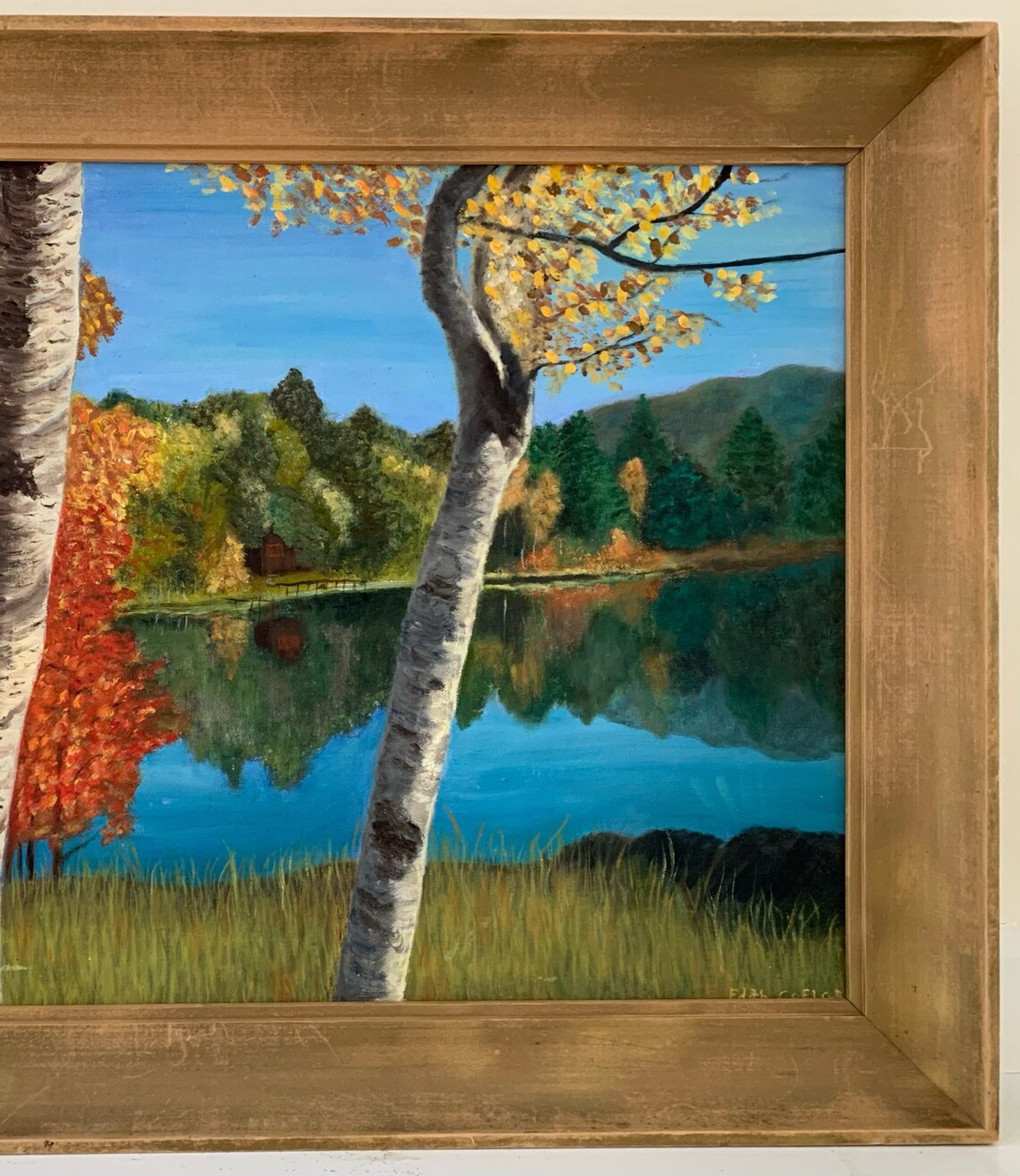 Large Framed Vintage Landscape Oil Painting of A Lake with a Etsy