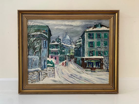 Vintage Original Paris Painting; French Street Scene; Large Expressionist Snowy Winter Framed Oil France Cityscape; Sacré Coeur, Montmartre