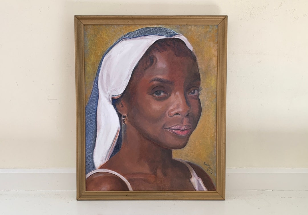 Original Portrait Painting; Large Framed Female Oil; Woman With Blue ...