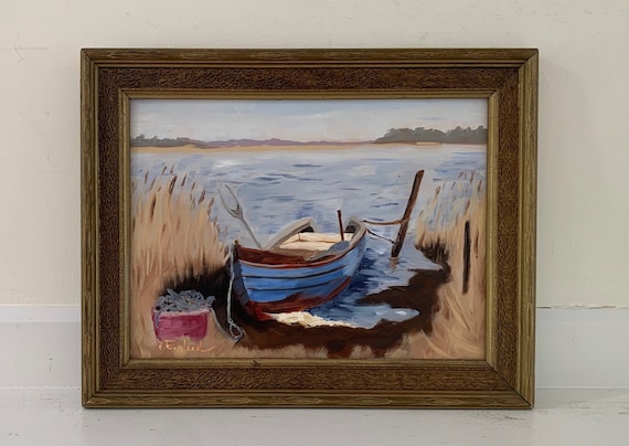 Original Nautical Boat Painting, Gold Framed Oil Seascape Landscape, Rowboat at a Dock, Lake River or Ocean Inlet Tidal Flat Shoreline