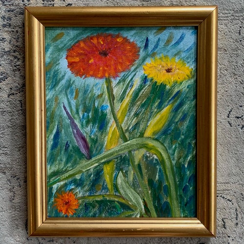 Vintage Framed Original Expressionist Naive shops Art Still Life Floral Painting of Yellow, Orange, and Red Flowers (Zinnias)