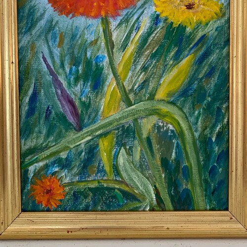 Vintage Framed Original Expressionist Naive shops Art Still Life Floral Painting of Yellow, Orange, and Red Flowers (Zinnias)