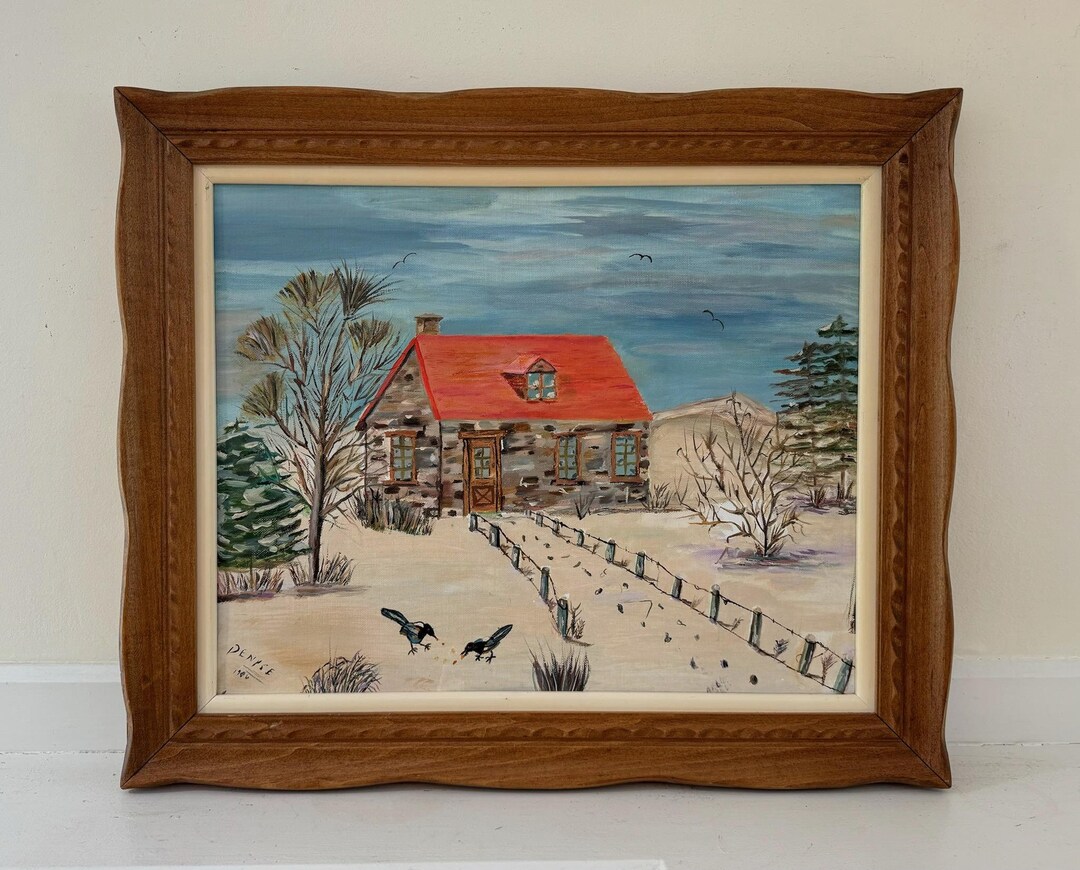 Vintage Naive Folk Art Painting Original Large Framed Oil Snowy Winter ...