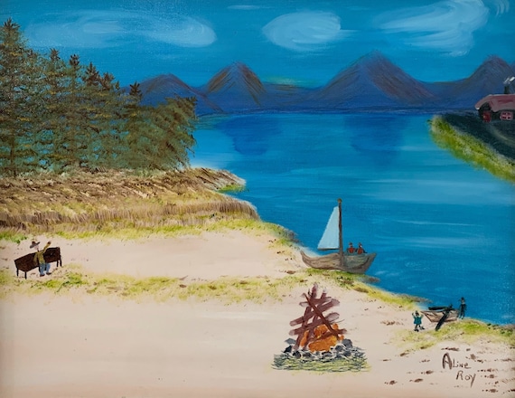 Antique Folk Art Painting Seascape Adirondack Camp Painting Sailing Lighthouse Americana Outsider
