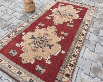 Red Oushak Turkish Rug 3x5.6, Vintage Anatolian Kilim