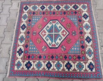 Vintage Oushak Turkish Rug (3.8x4 ft): Anatolian Kilim, Bohemian Decor