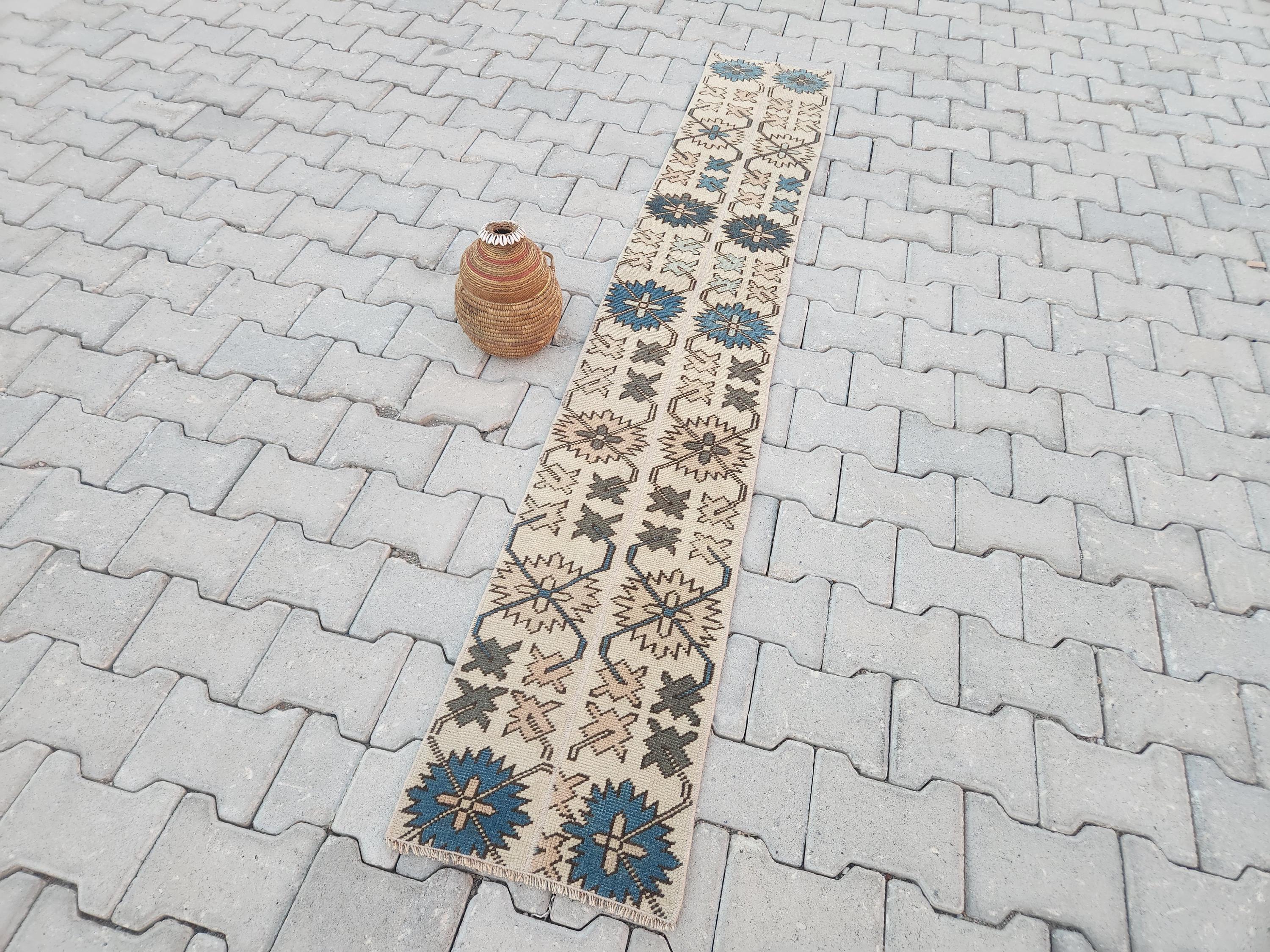 ベージュ／57×219ブルー パッチワーク ランナー トルコヴィンテージ