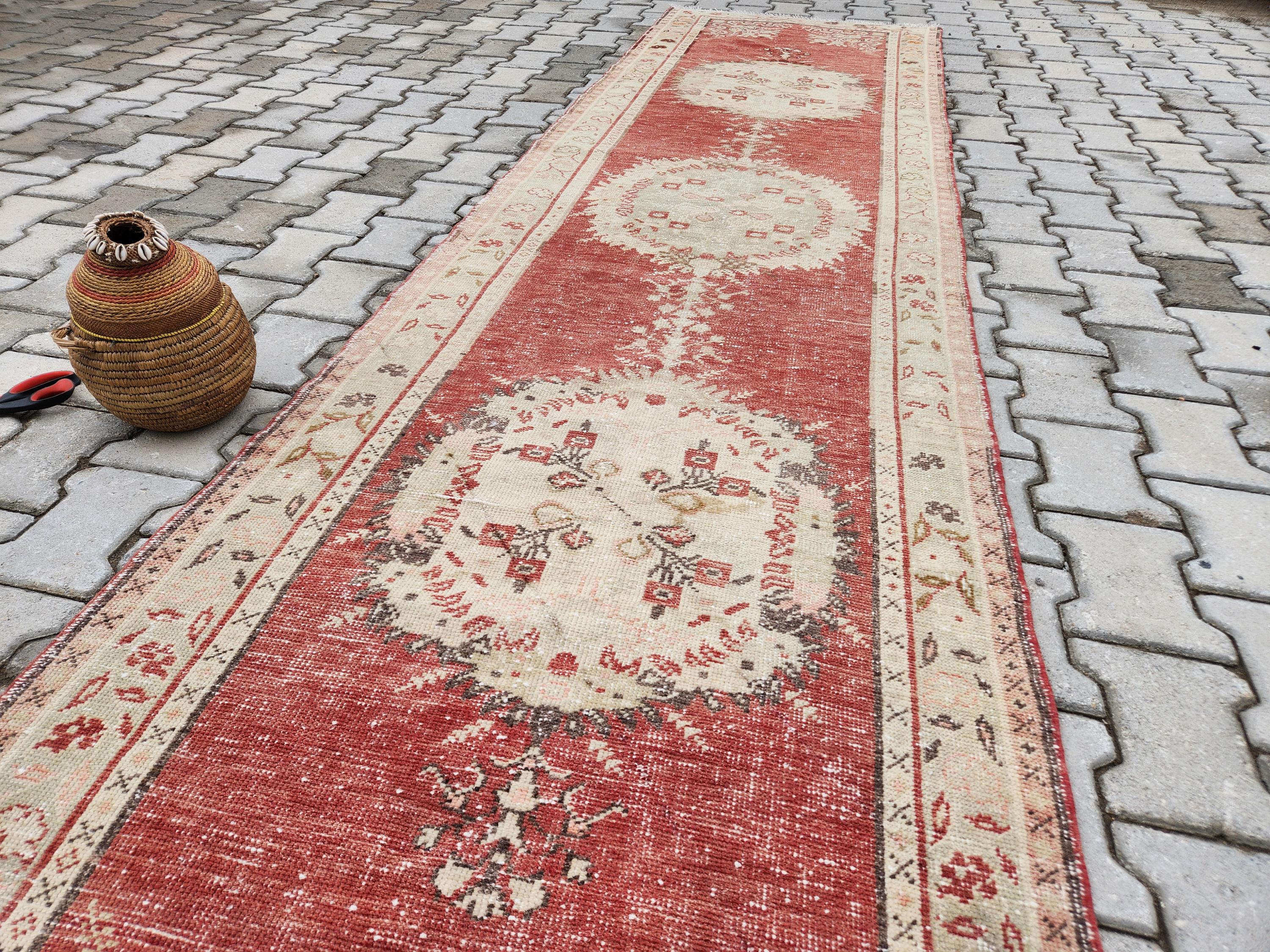 Red Oushak Runner Rug: Vintage Turkish Anatolian Rug (3x12.2 Ft
