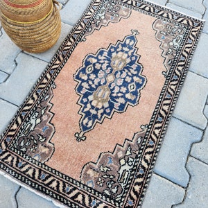 2x3 Small YELLOW and BLUE VINTAGE Rug, Turkish  Rustic rug, 49x87 small rug vintage rug oushak rug bohemian rug small soft rug bathroom rug