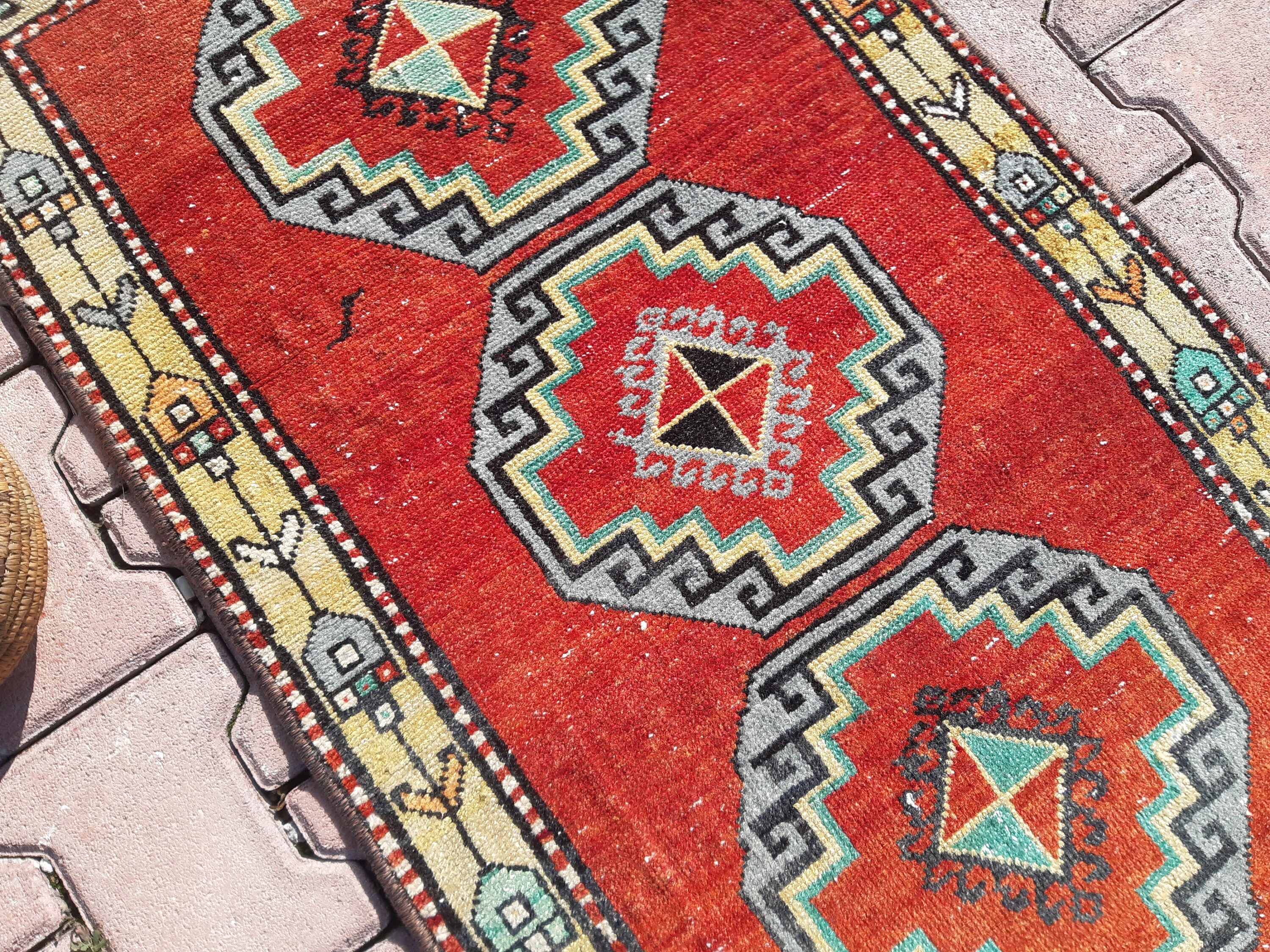 2x3 Small RED and YELLOW VINTAGE Rug, Turkish Rug ,63x108