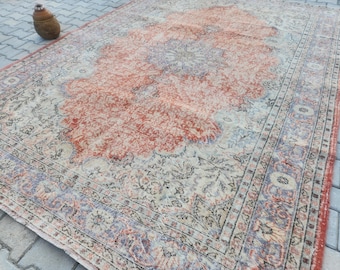 Alfombra grande Oushak de 7x10: Alfombra turca anatolia roja y gris.