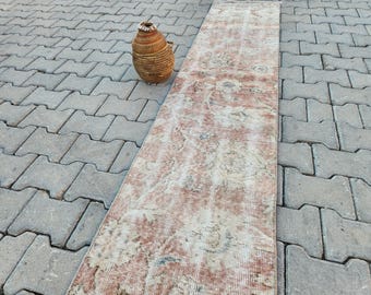 Pink Oushak Turkish Runner Rug: Vintage Anatolian Wool Rug (1.6x7.4 ft.)