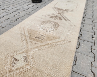 3x12 Beige Brown Runner Rug, Bohemian Rug, Anatolia, Rustic runner rug,  Oushak - Turkish - Vintage Runner, Washable Runner Rug  (85x363cm)