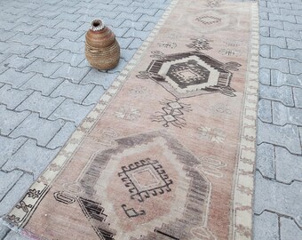 Pink Turkish Runner Rug: Vintage Oushak Anatolian Wool (2.4x7.3 ft.)