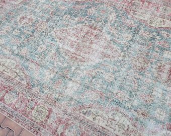 Faded Oushak Rug: 6.5x10 Red and Green Turkish Kilim
