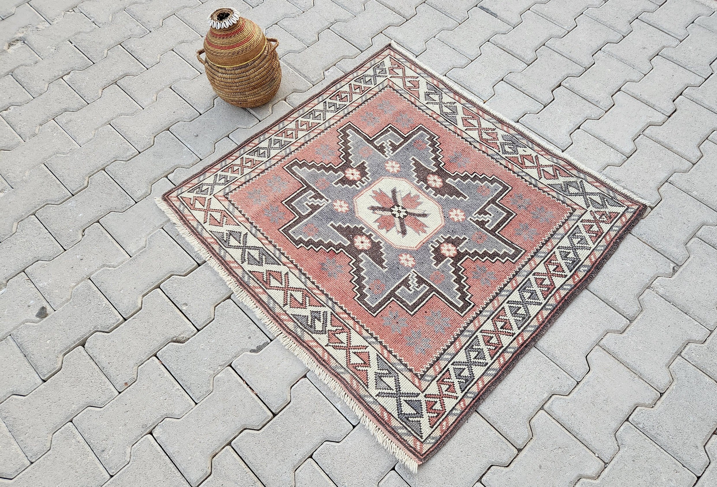 2x3 RED and GRAY VINTAGE Rug, Turkish Rug ,84x98 Area Rug