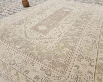 Tappeto verde e marrone 7x10, tappeto boho, tappeto rustico anatolico, decorazione per la casa, tappeto Oushak lavabile, turco, sbiadito, morbido tappeto turco (210x298)