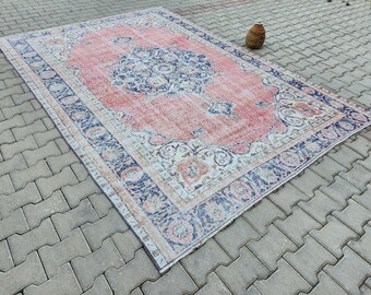 Pink Vintage Oushak Rug: Large Bohemian Turkish Rug (6.9x10 ft)