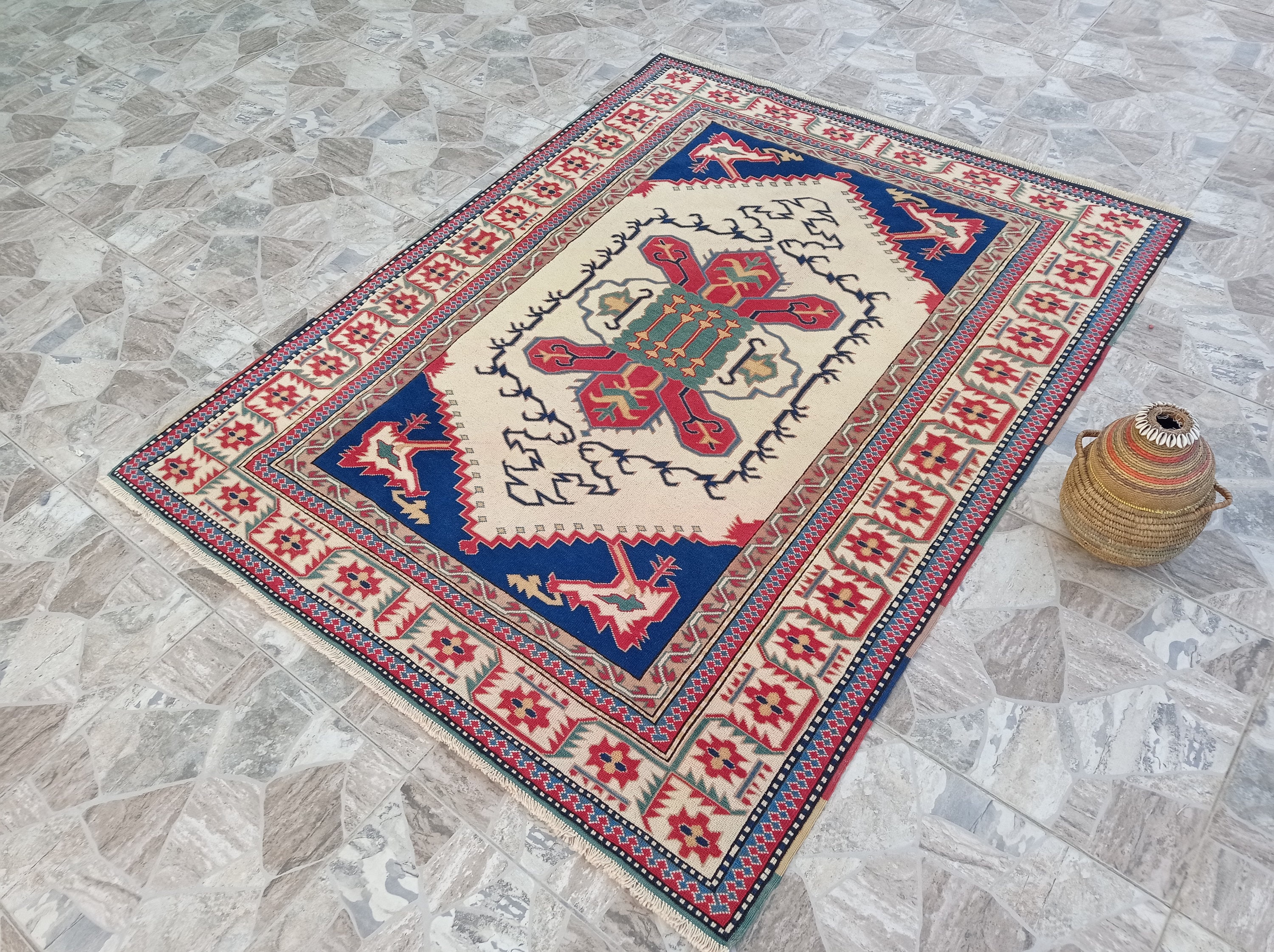 Turkish Red And Blue Rug 4x5 feet Turkish vintage rug Etsy