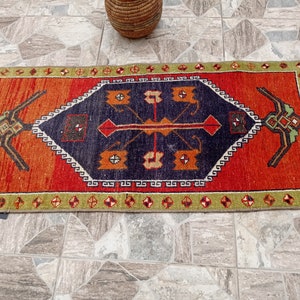 SMALL ORANGE VINTAGE Rug ,1&#39;7x3&#39;6, , Turkish rug ,53x110  area  rug , vintage  rug , oushak  rug