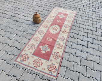 Pink Oushak Runner Rug: Vintage Turkish Anatolian Wool Rug (2.4x6.8)