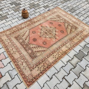 5x7 Vintage Turkish Oushak Rug: Pink & Brown Bohemian Decor