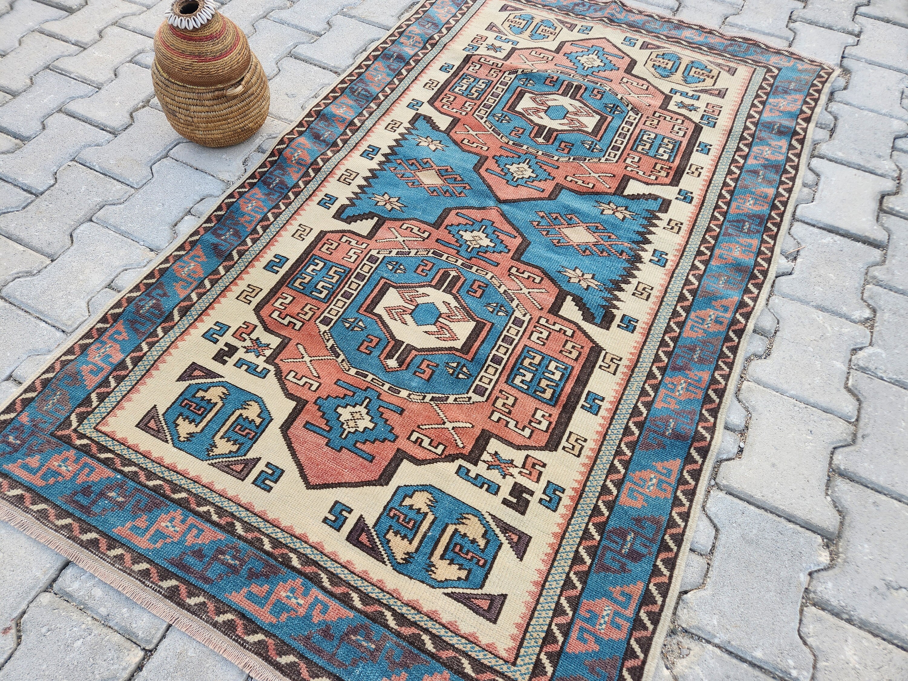 トルコ キリム青緑 茶色 大判 ヴィンテージ ウシャック トルコ絨毯 3x5