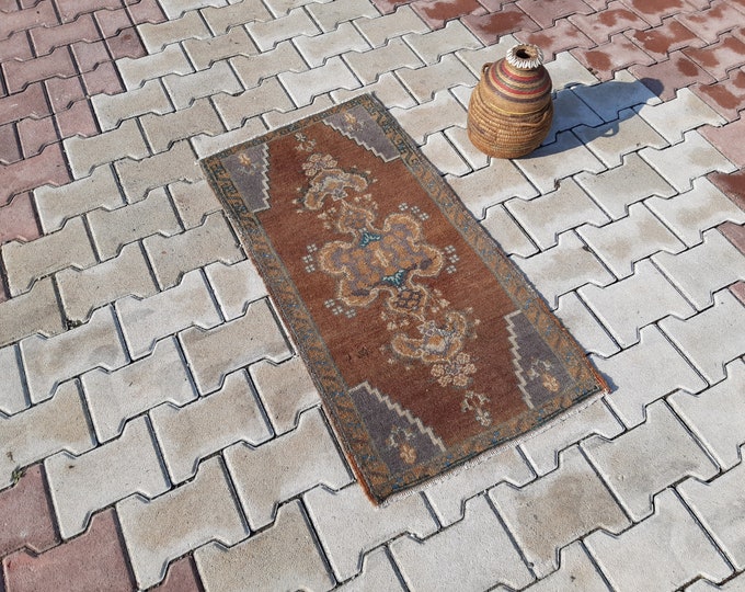 Small BROWN and GRAY VINTAGE Rug ,1'7x3'2, Feet, Turkish Rug ,52x100 Cm