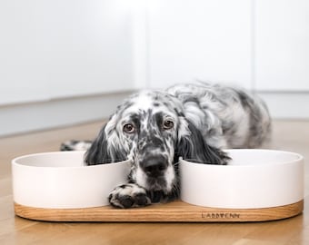 Oak Double Dog Buffet, Ceramic Bowls, Stylish Pet Feeder