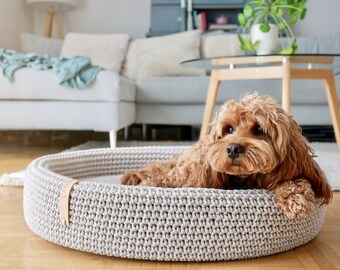Handmade Cotton Rope Dog Bed, Oval Luxury Pet Bed (70x60cm)