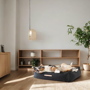 May include: A dog is lying on a dark gray dog bed with a brown leather patch. The bed is on a wooden floor in a room with a bookshelf and a plant.